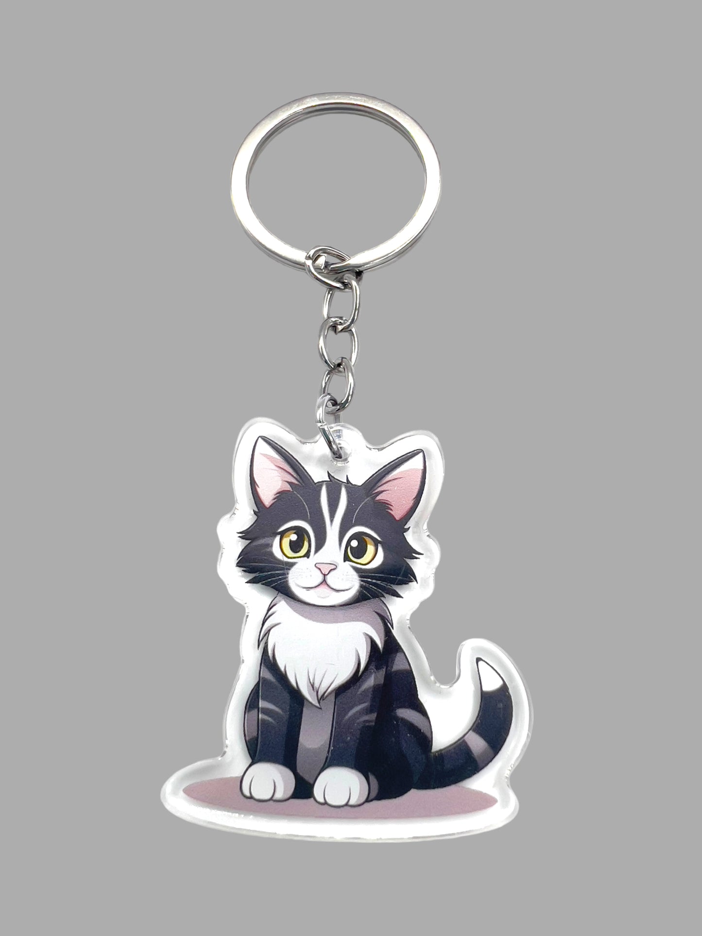 Grey Longhair Tabby Cat Acrylic Keychain, Cute kawaii memorial ornament, pet portrait charm gift  backpack fob, dad car décor, first day of school gift