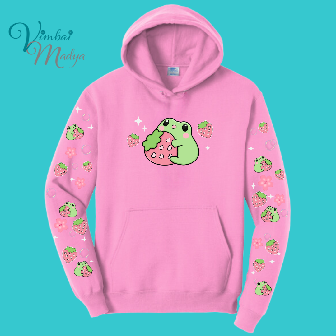 Strawberry Kawaii Frog  Sweater Hoodie  : Perfect Mother's Day Gift & Fall Winter Essential  .  Trendy, Unisex Style for Your Best Friend's Wardrobe