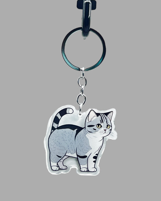 Grey Tabby Cat Acrylic key chain, Cute kawaii memorial ornament, pet portrait charm gift  backpack fob, dad car décor, first day of school gift