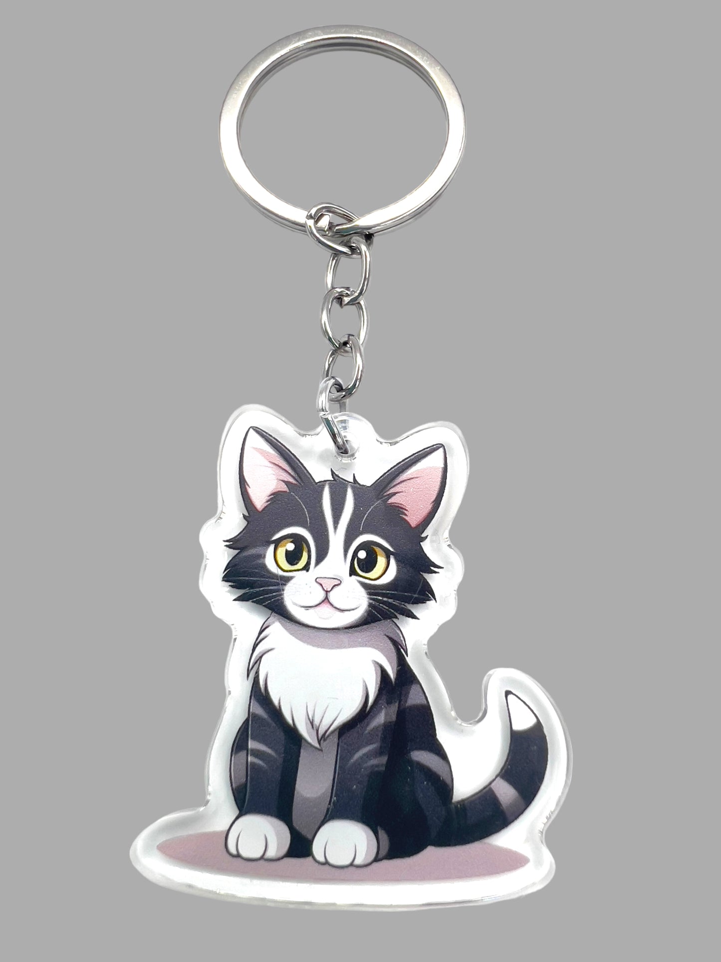 Grey Longhair Tabby Cat Acrylic Keychain, Cute kawaii memorial ornament, pet portrait charm gift  backpack fob, dad car décor, first day of school gift