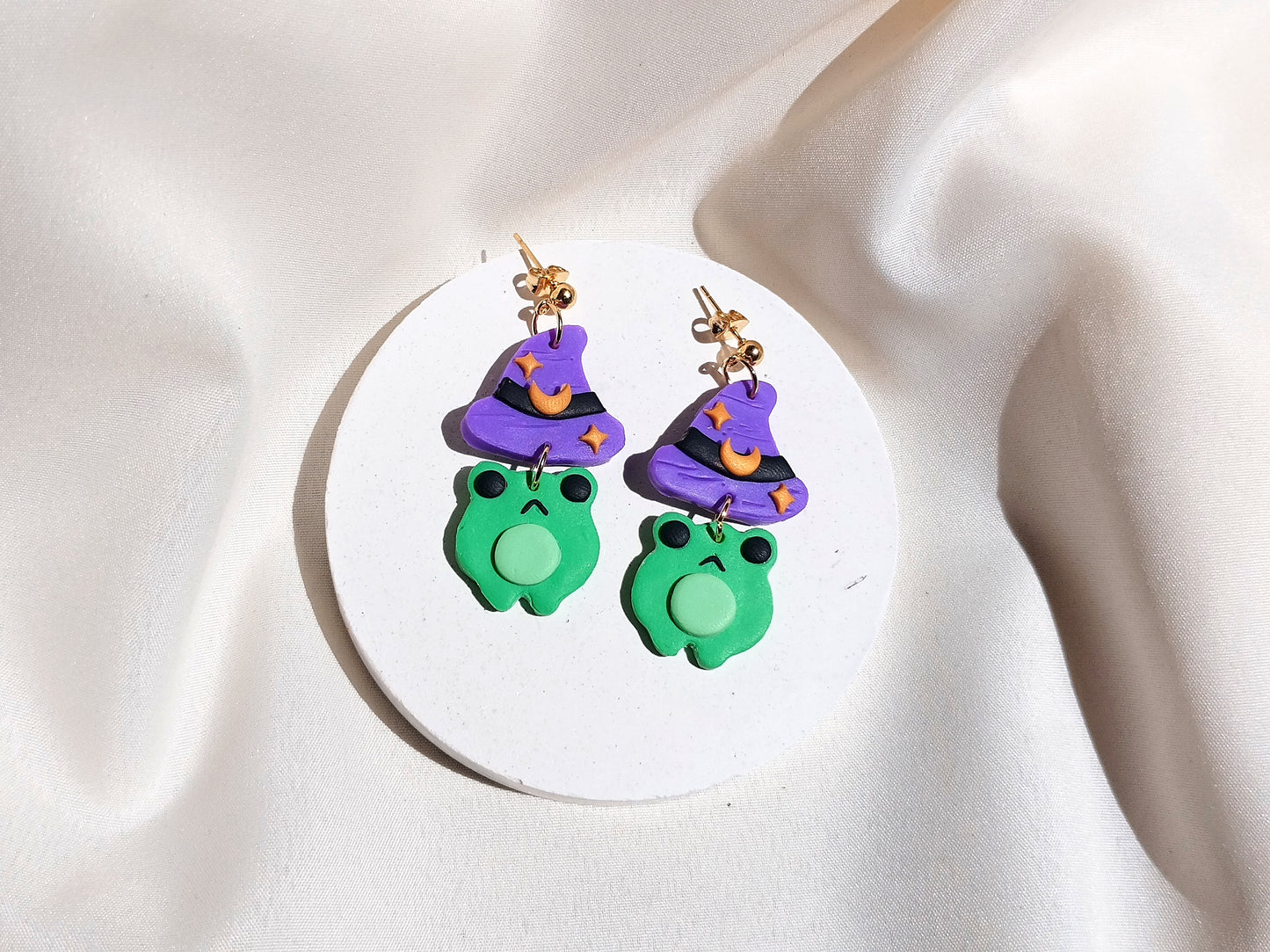 Witchy frog polymer clay earrings, halloween spooky witch wican Handmade Dainty  dangle cute minimalist earrings, birthday gift for best friend