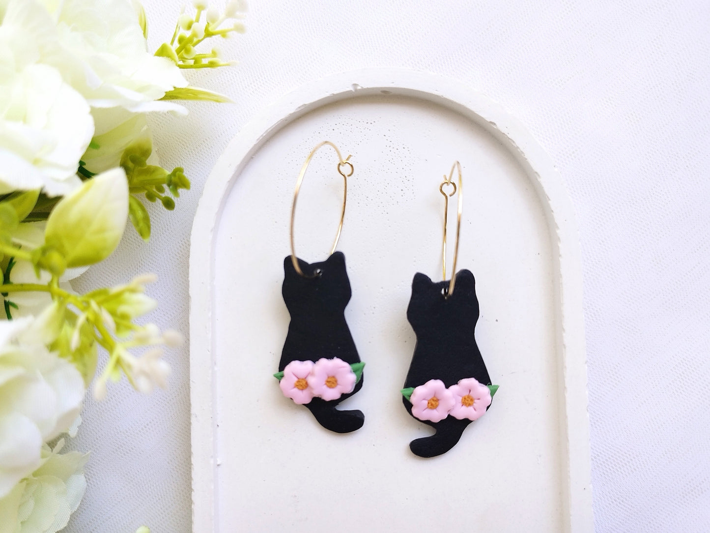 Sakura Cat Dainty polymer clay earrings,  japanese kawaii earrings, fun funky weird handmade cottagecore, cute anime, novelty quirky unique earrings