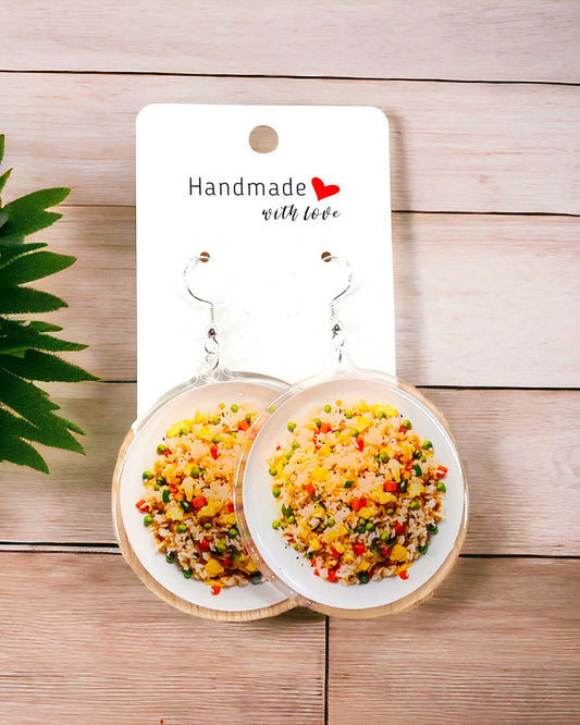 Asian Food Egg Fried Rice Acrylic earrings, funky weird quirky earrings, cool funny  gift for her, birthday gift,  Christmas stocking stuffer