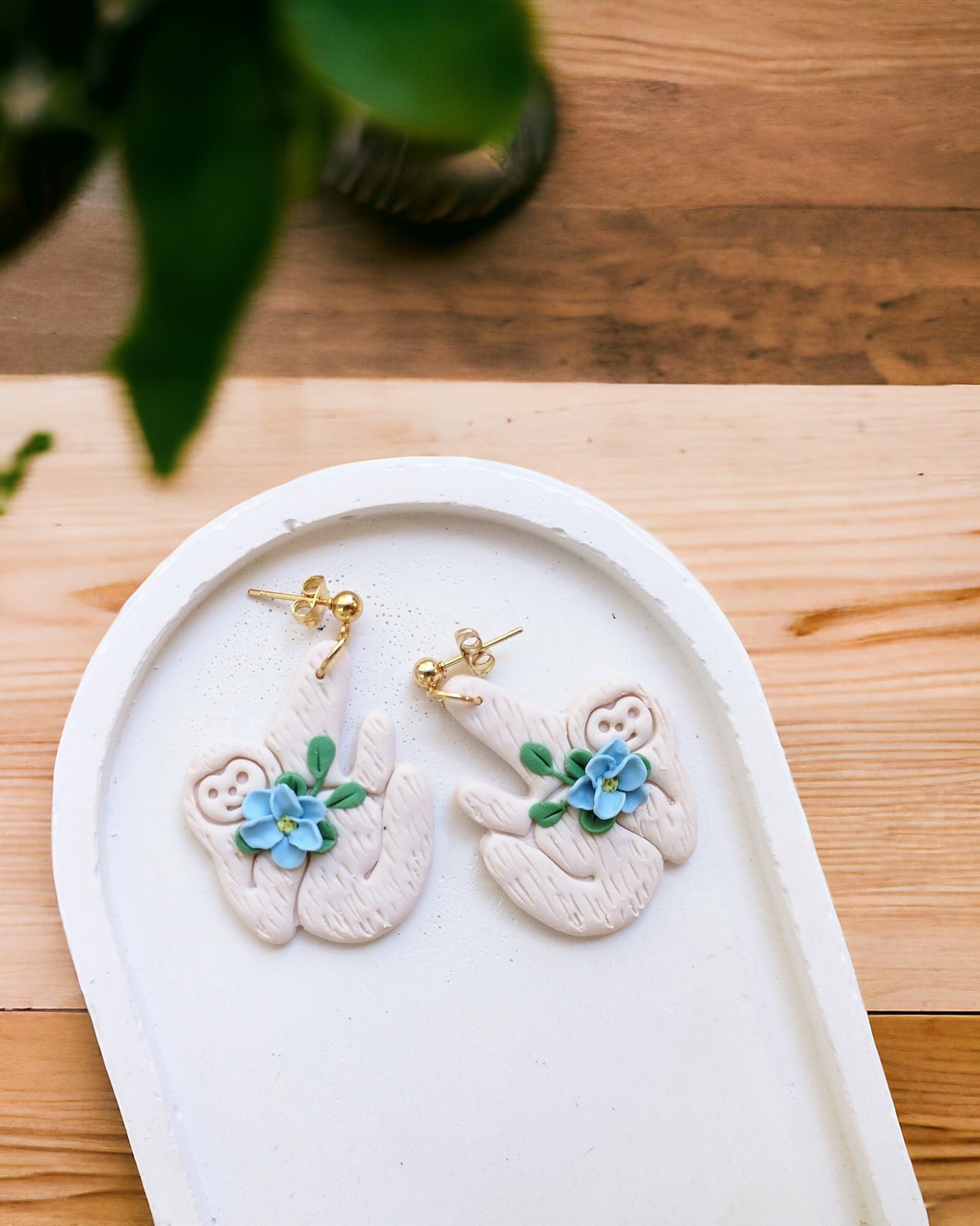 Sloth polymer clay earrings, japanese kawaii earrings, fun funky weird handmade cottagecore, cute anime, novelty quirky unique earrings